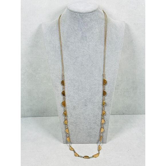 Chicos Necklace Beaded Scalloped Hammered Metal Gold Tone 38" Modern Jewelry - Picture 2 of 7